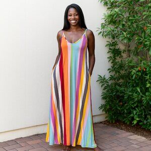 Skivys L Malibu Goddess Gown Maxi Dress Striped Rainbow Modal Flowy Stretch